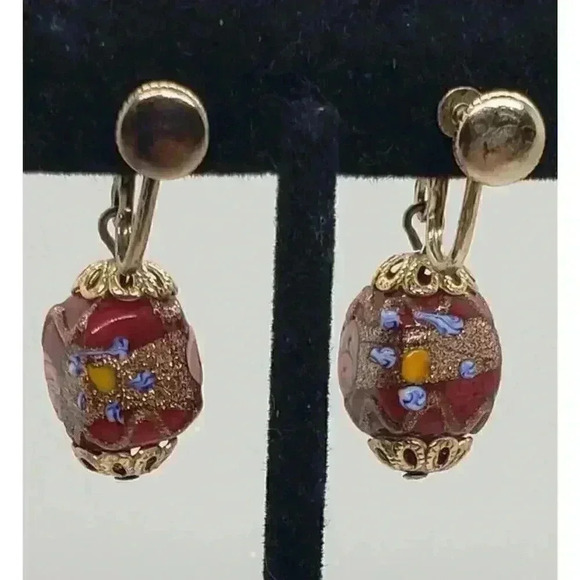 Vintage Earrings Garnet Red Wedding Cake Venetian Art Glass Bead Dangle 10k GP - Picture 4 of 10